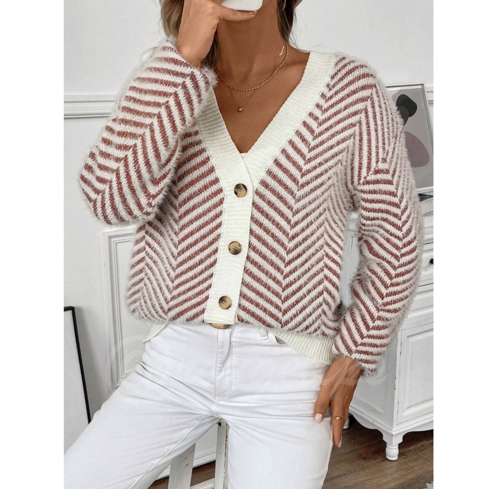 Fuzzy Chevron Brown & Off White Button Up Cardigan Long Sleeve V-Neck - Picture 3 of 7
